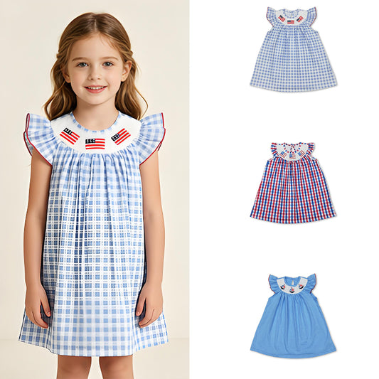 RTS Sibling Plaid flag smocked girls 4th of july dresses