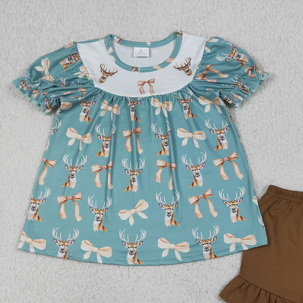 4.9 GSSO3212 RTS NO MOQ （In stock ）Short sleeves deer bow tunic ruffle shorts girls outfits
