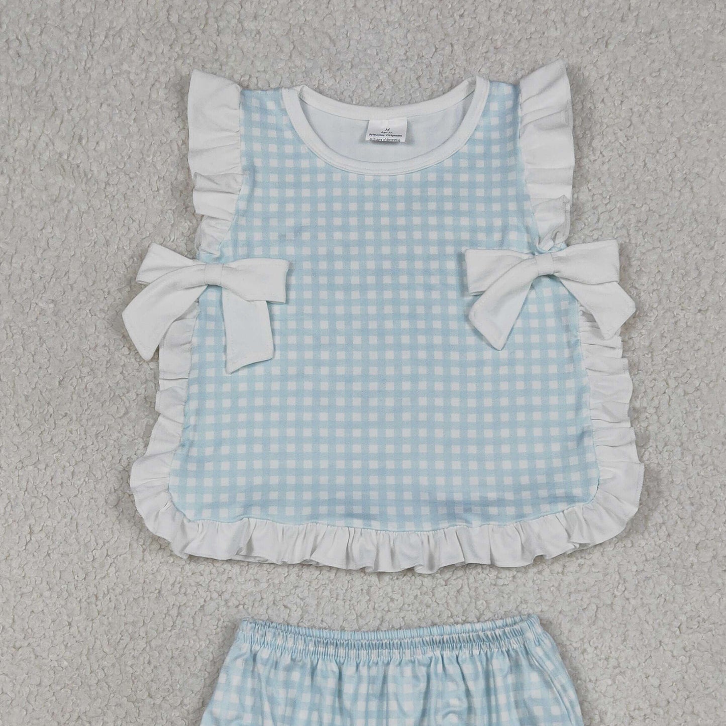 GBO0529 RTS NO MOQ （In stock）Baby Girls Light Blue Checked Bows Tunic Bummies Clothes Sets