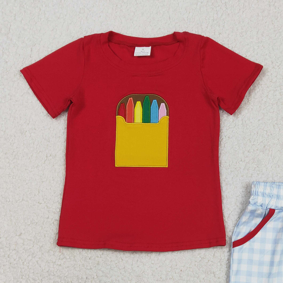 3.10 RTS NO MOQ （In stock）BSSO1819 Children's Fashion Set Baby Boys Back to School Embroidery Pencils Checked Pockets Short Clothes Sets