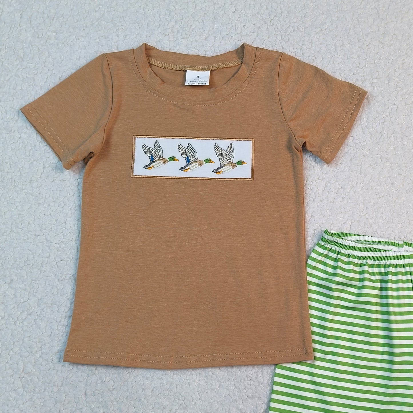 BSSO1947 RTS NO MOQ （In stock ）Brown duck embroidery top stripe shorts kids boys outfits