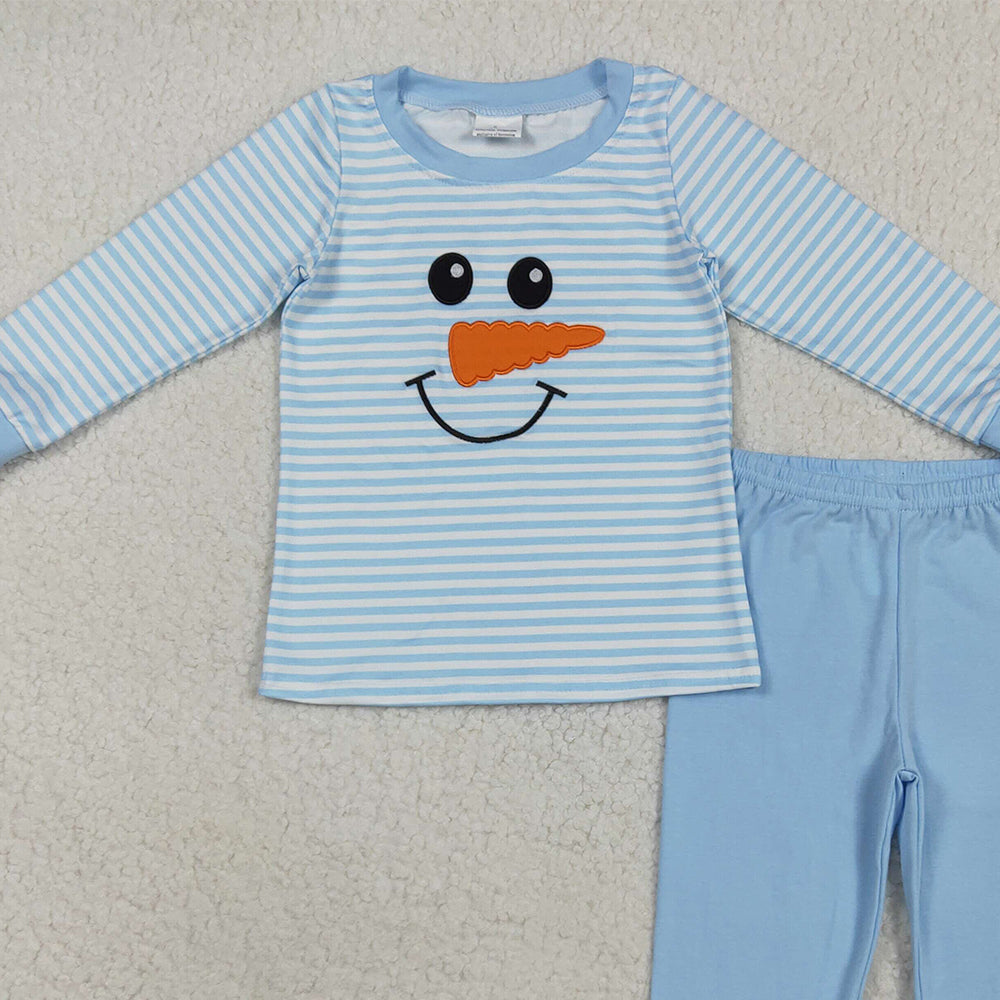 RTS NO MOQ （In stock）BLP1150 Baby Boys Winter Outfits Embroidery Baby Boys Light Blue Stripe Winter Snowman Top Pant Pajamas Sets