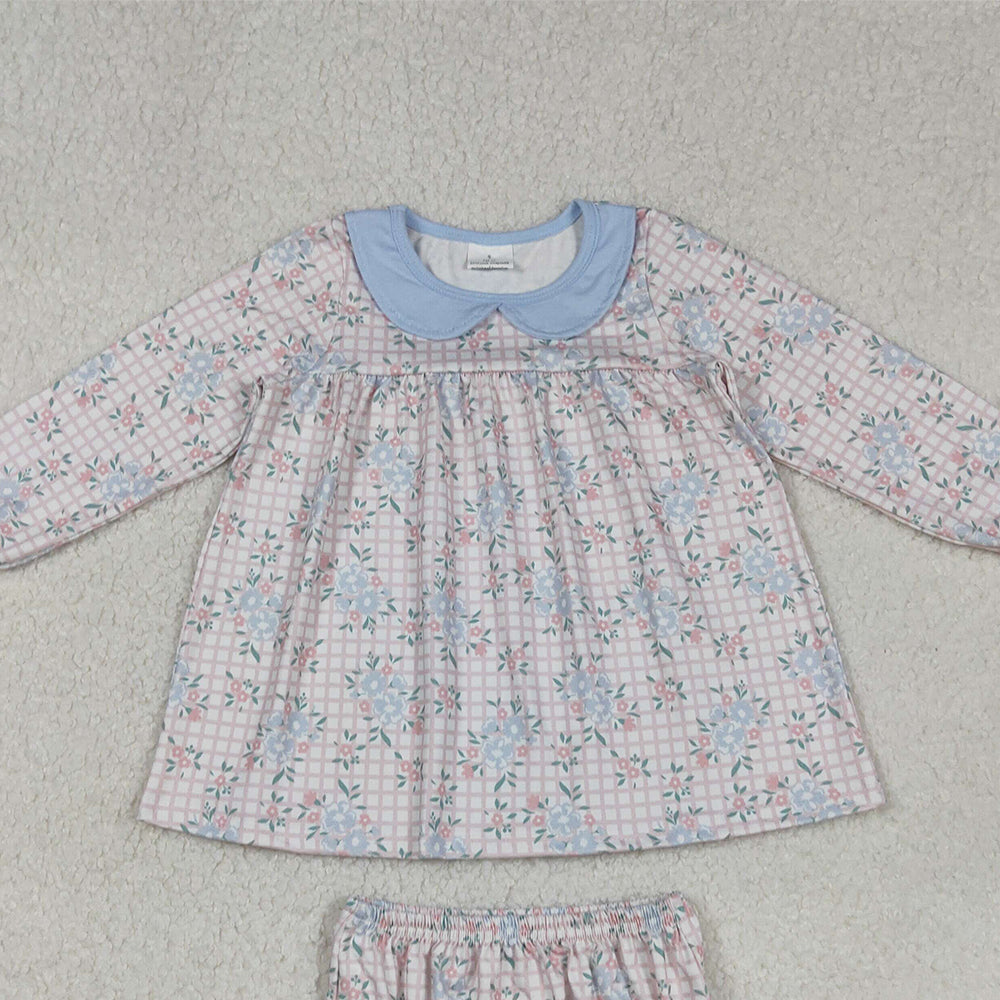 RTS NO MOQ （In stock）GBO0466 Baby Girls Summer Outfits Long Sleeve Bummies Set Pink Plaid Floral Doll Collar Outfit for Kids