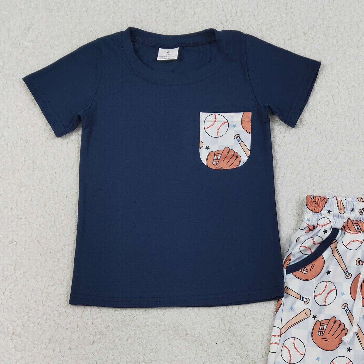 1.16 RTS NO MOQ （In stock）BSSO1669 Baby Boys Navy Shirts Top Baseballs Pockets Shorts Team Clothes Sets