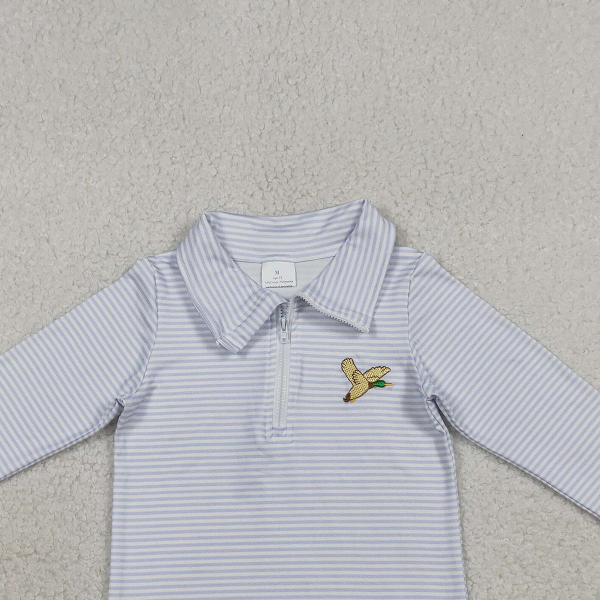 1.12 RTS NO MOQ （In stock）BT1638  Embroidery Ducks Baby Boys Grey Stripe Hunting Zip Pullovers Top