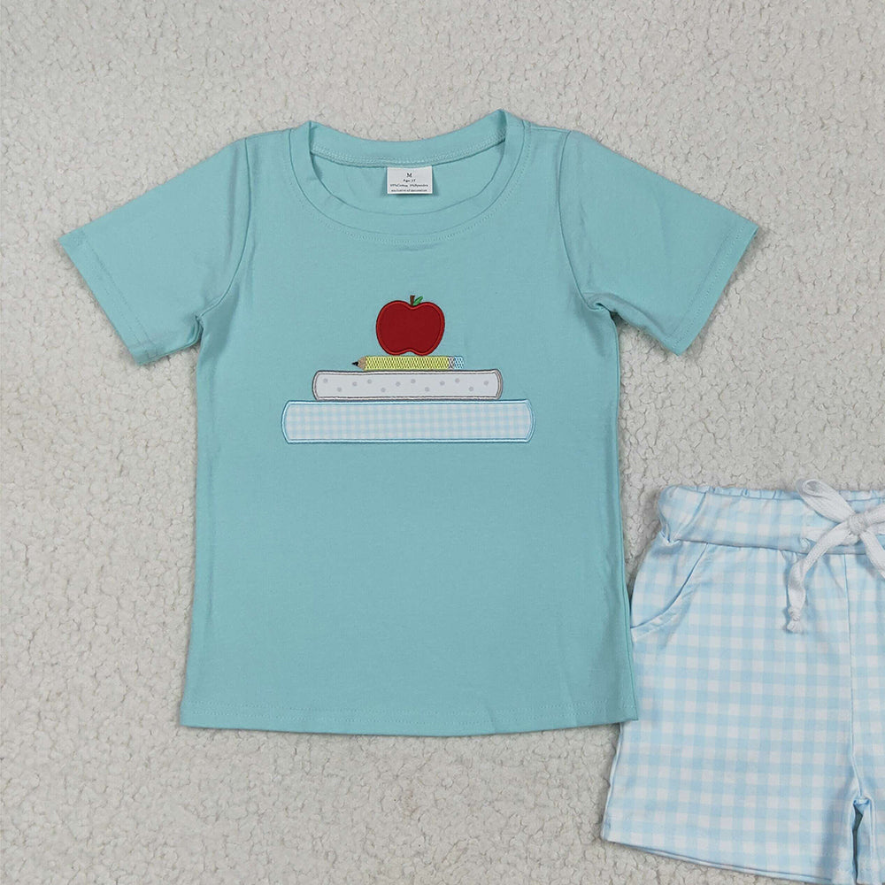 7.01 BSSO1329 RTS NO MOQ Baby Boys Summer Boys Outfits Baby Boys Embroidery Apple Pencil Top Pockets Shorts Back To School Clothes Sets
