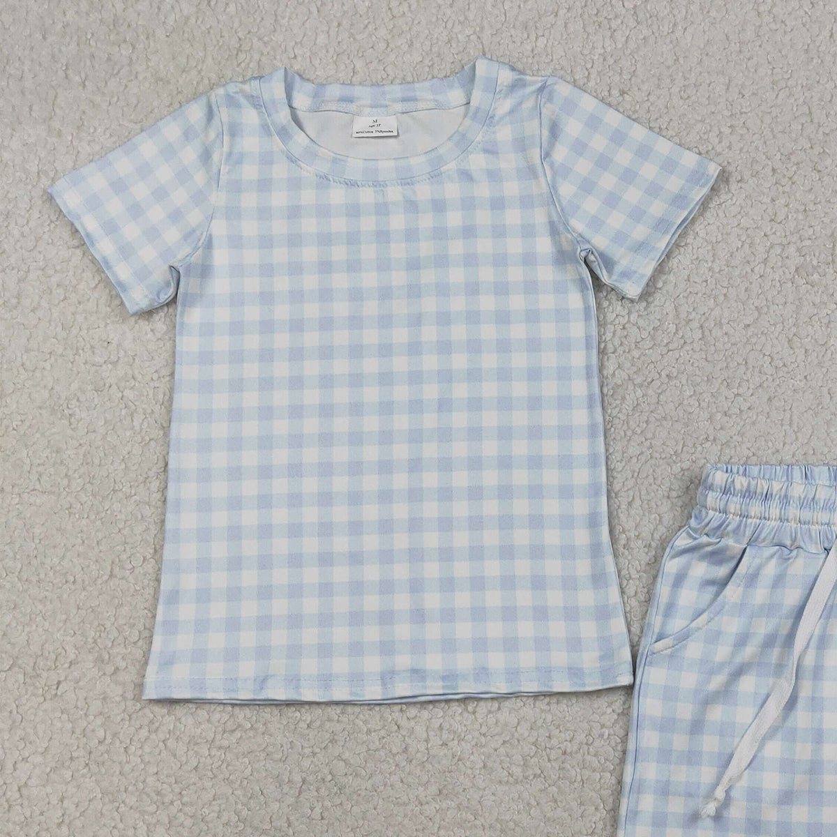 3.26 RTS NO MOQ （In stock）BSSO1896 Fashion Clothing For Baby Boys Short Sleeve Light Blue Checked Top Pockets Shorts Clothes Sets