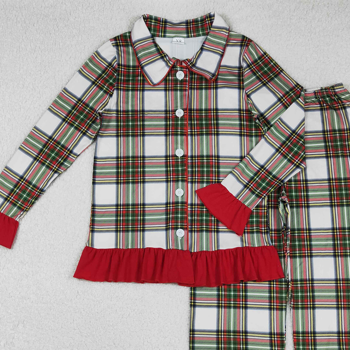 11.13 RTS NO MOQ （In stock）GLP2827 Adult Women Green Red Checked Button Top Ruffle Pant Christmas Pajamas Sets