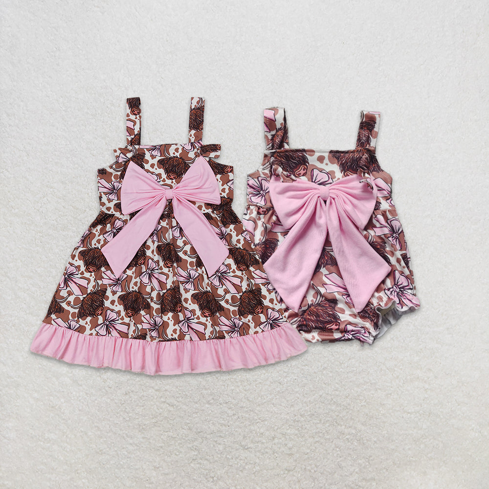 6.03   New Rts No Moq 8-9 Days By Air Arrived it Highland Cow Bow Ruffle Western Baby Girls Dress Straps Cute Animal Theme Girls Clothing