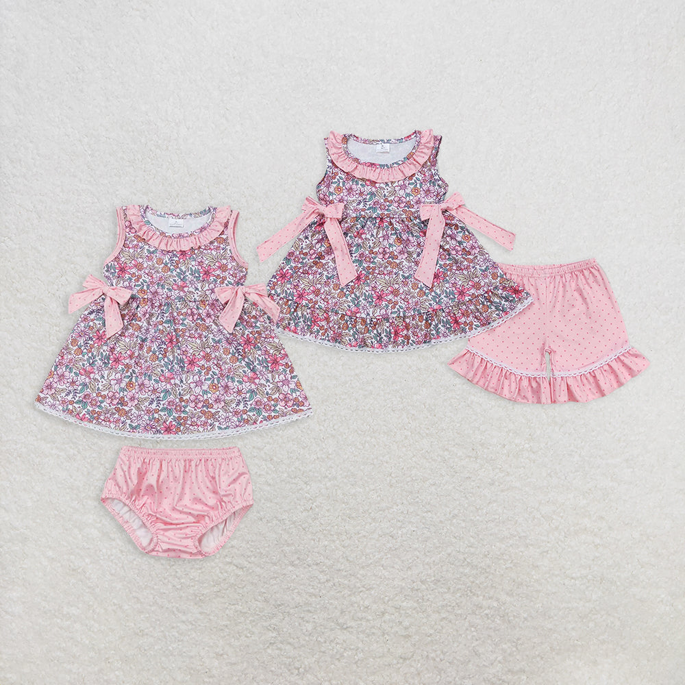 8.13  RTS Sibling Baby Girls Summer Outfits Floral sleeveless tunic polka dots shorts girls summer set