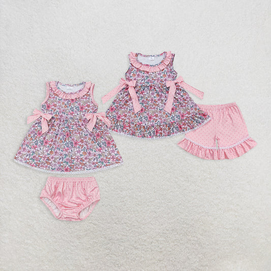 8.13  RTS Sibling Baby Girls Summer Outfits Floral sleeveless tunic polka dots shorts girls summer set