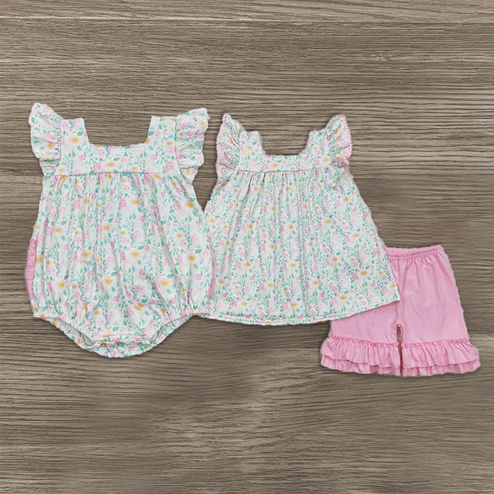 6.04   Girls Pink Floral Ruffle Shorts Summer Clothes with Flutter Sleeves for Kids