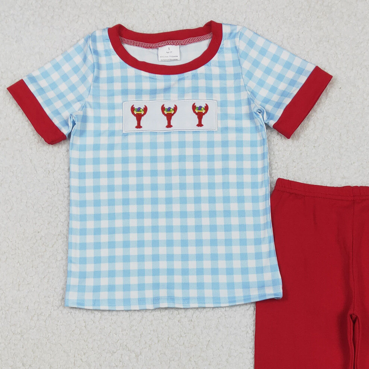 11.6 RTS NO MOQ （In stock）BSPO0602 Embroidery Anchors Crayfishes Baby Boys Checked Leggings Mardigras Clothes Sets