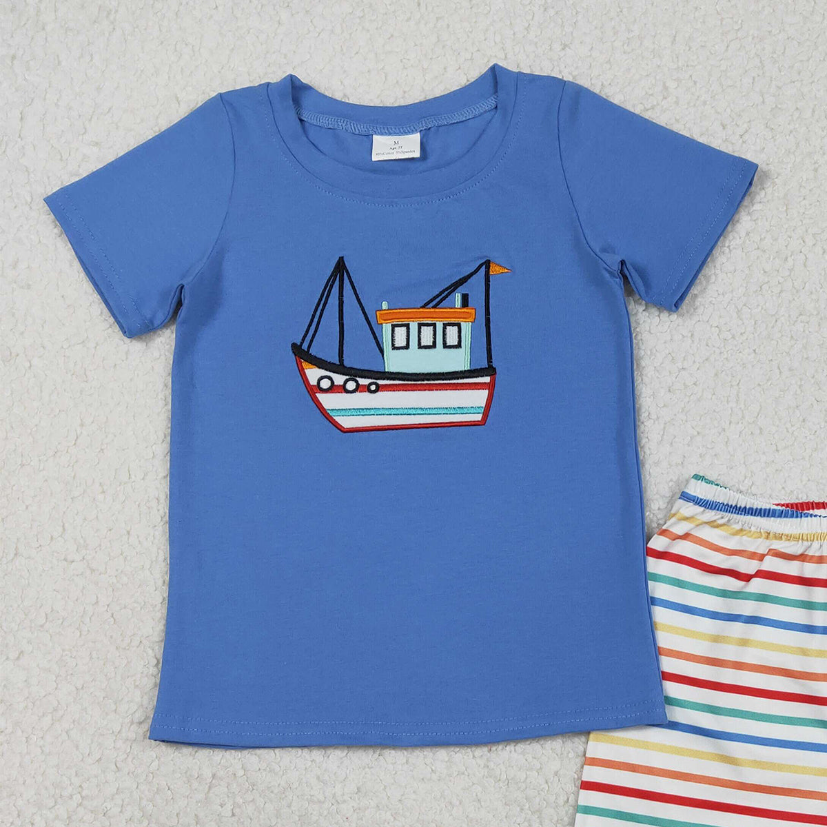 1.7 RTS NO MOQ （In stock）BSSO1754 Embroidery Boats Baby Boys Blue Shirt Top Stripe Shorts Clothes Set