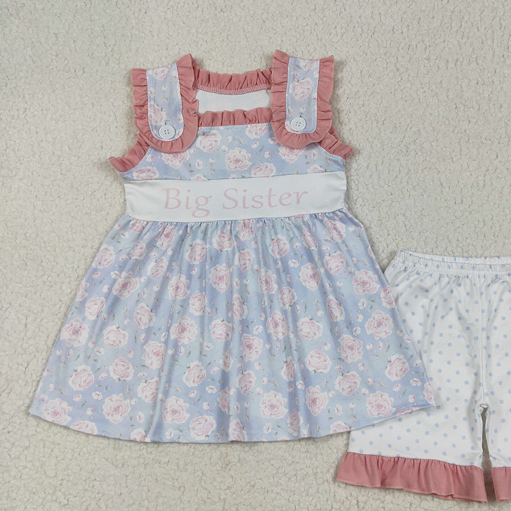 7.10  GSSO2350 RTS NO MOQ Baby Girls Summer Outfits Baby Girls Sleeveless Pink Floral Big Sister Tunic Polka Dots Short Set