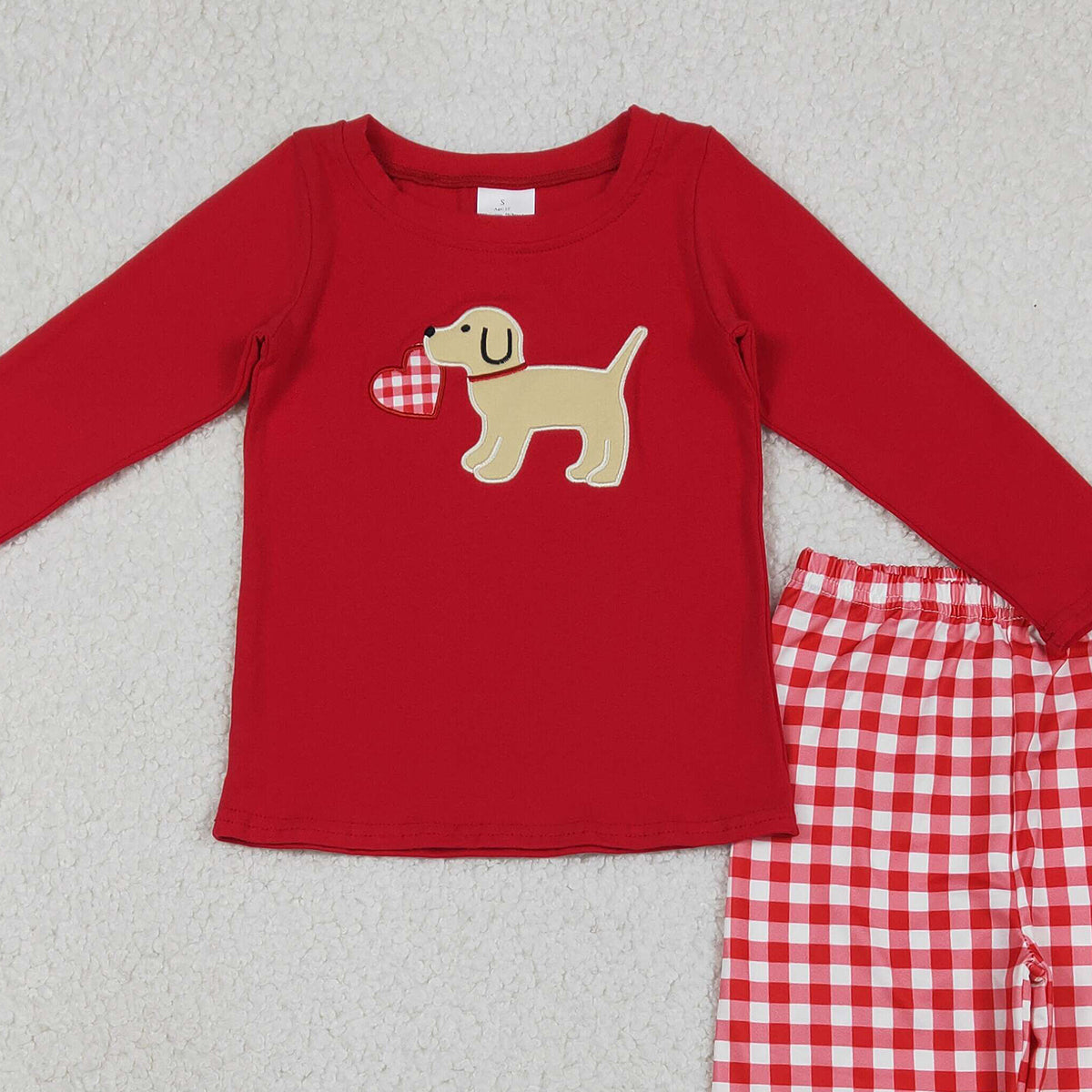 1.9 RTS NO MOQ （In stock）BLP1397 Embroidery Heart Dogs Baby Boys Checked Pants Valentines Clothes Sets