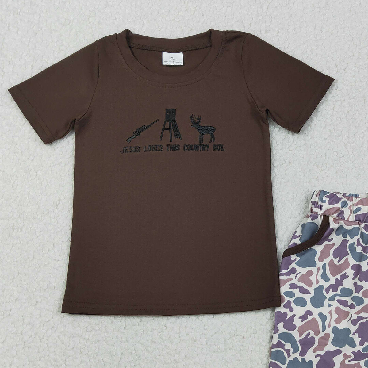 11.8 RTS NO MOQ （In stock）BSSO1562 Embroidery Love This Country Boy Deer Camo Pockets Shorts Hunting Clothes Sets