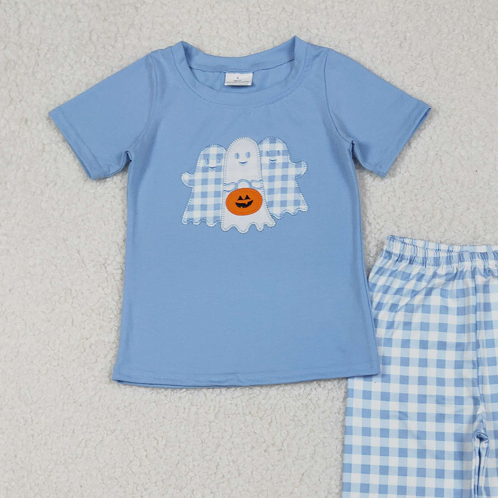 RTS NO MOQ （In stock）BSPO0581  Baby Boys Autumn Outfits Ghosts Pumpkins Top Pant Halloween Sets