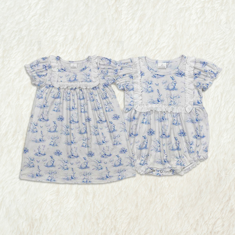 Light Blue Bunny Baby Girls Easter Dress Short Sleeves Cute Infant Girl's Outfit for Spring Season