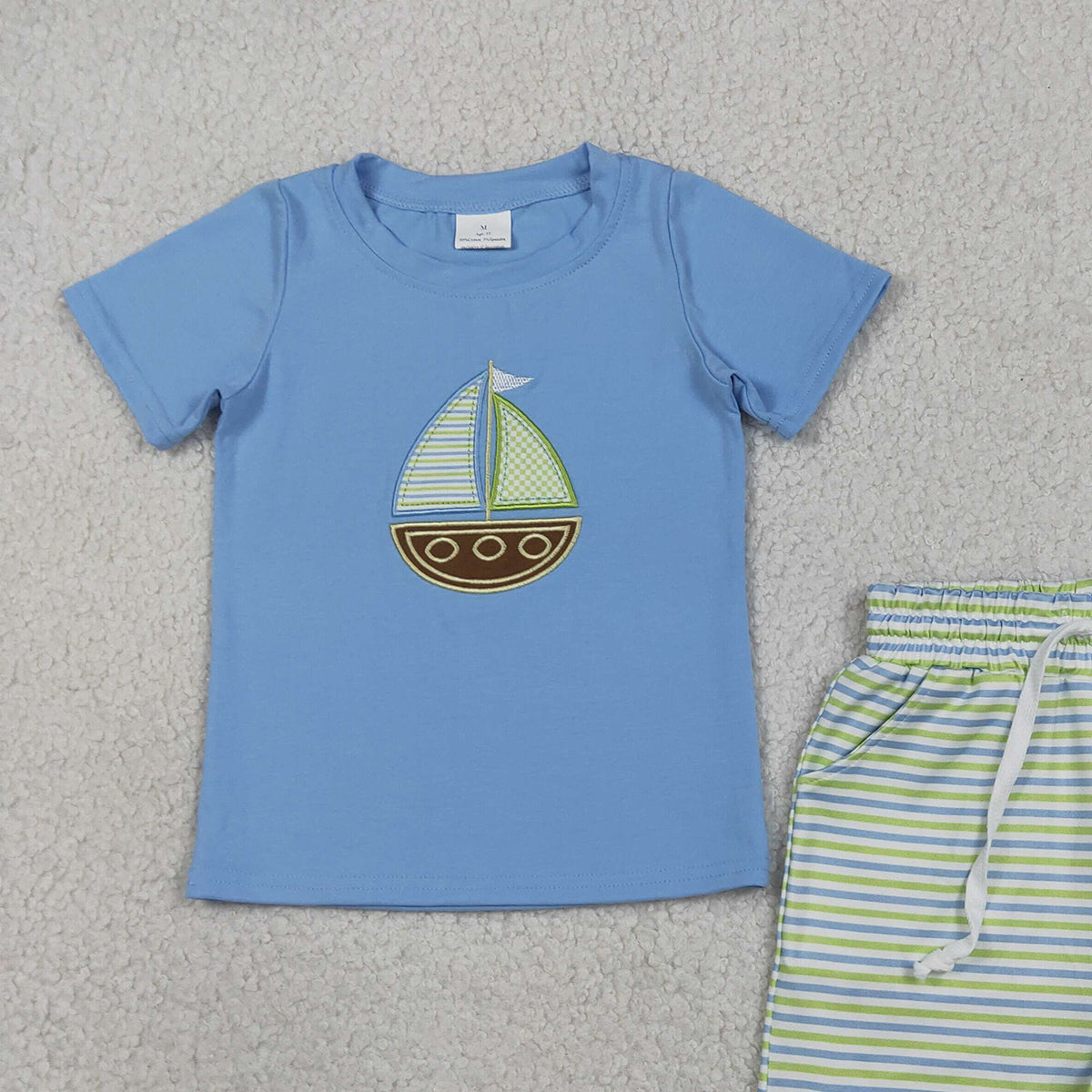 BSSO1860 RTS NO MOQ （In stock ）Short sleeves boat embroidery top stripe shorts boys outfits