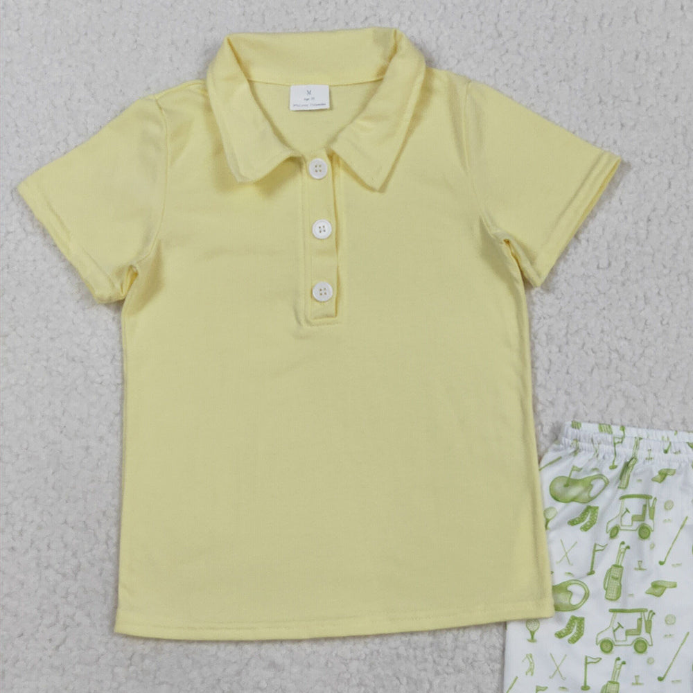 RTS NO MOQ （In stock）BSSO1546 Baby Boys Summer Boys Outfits Baby Boys Yellow Button Pullovers Top Golf Short Clothes Set