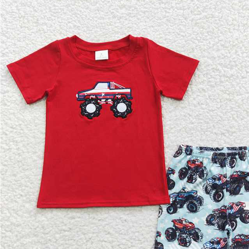 BSSO0185 RTS NO MOQ Baby Boys Summer Boys Outfits Embroidery Baby Boys Tractor Summer Shorts Sets