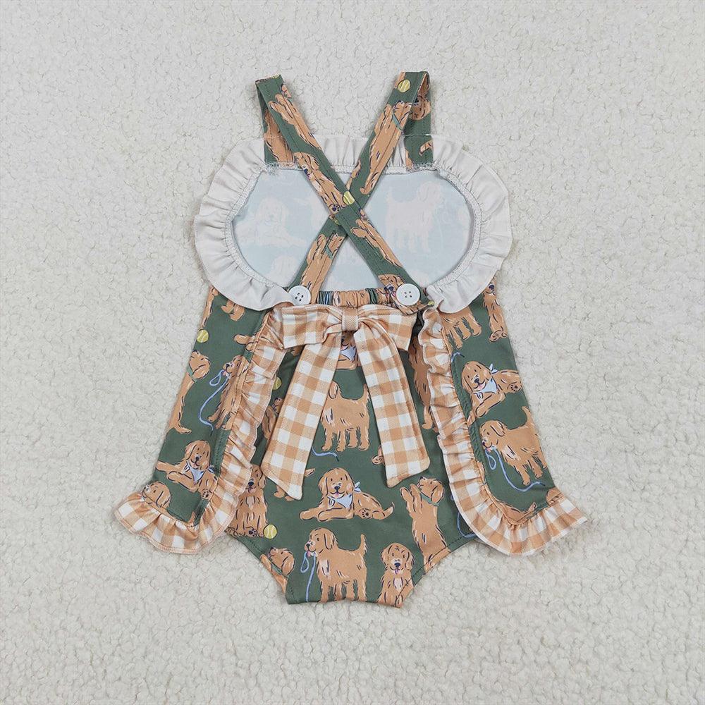 4.26 SR2986RTS NO MOQ Baby Girls Summer Rompers  Straps khaki plaid ruffle dogs baby girls summer romper