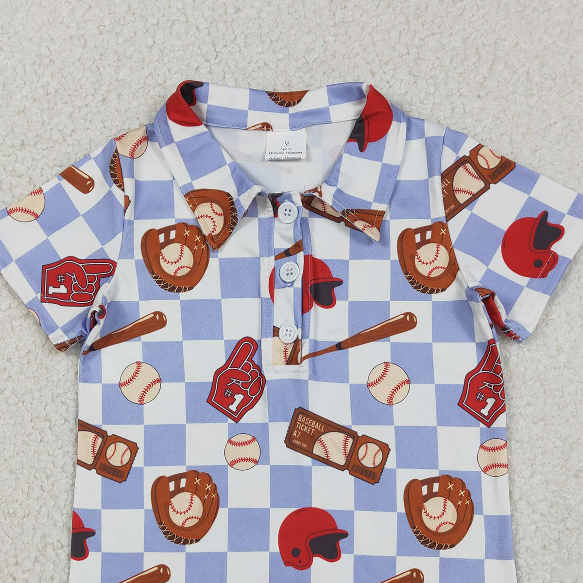 12.18 RTS NO MOQ （In stock）BT1577 Baby Boys Blue Checked Baseballs Team Button Polo Shirts Top