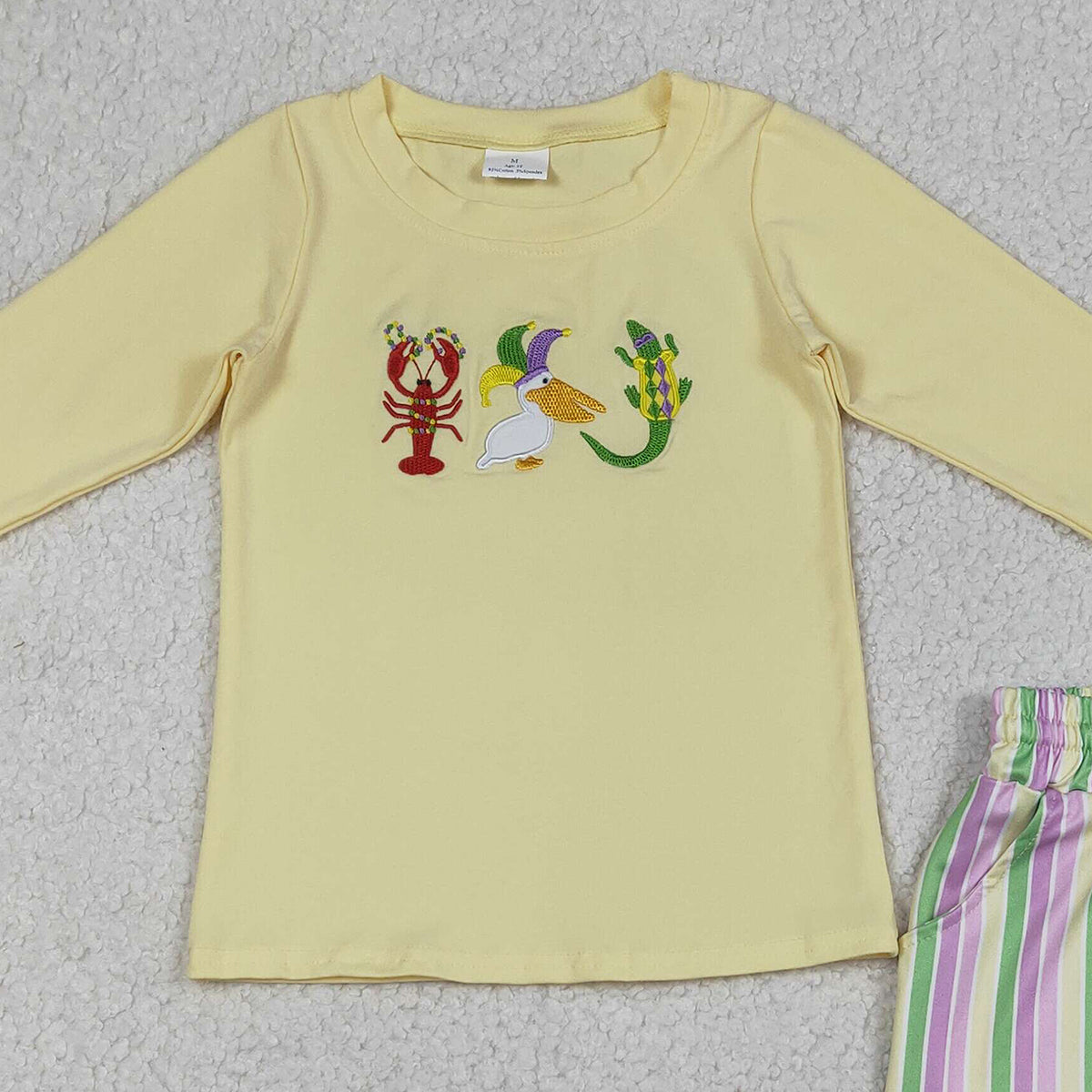 12.25 RTS NO MOQ （In stock）BLS0015 Embroidery Crayfishes Crocodile Baby Boys Mardigras Stripe Pockets Shorts Clothes Sets