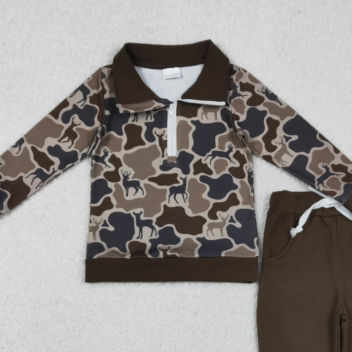 10.23 RTS NO MOQ （In stock）BLP1270 Baby Boys Winter Outfits Baby Boys Deer Camo Zipper Pullovers Pockets Jogger Hunting Clothes Sets
