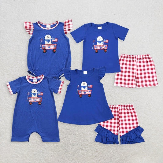 RTS Sibling Dog flag top plaid shorts boys 4th of july clothes rompers