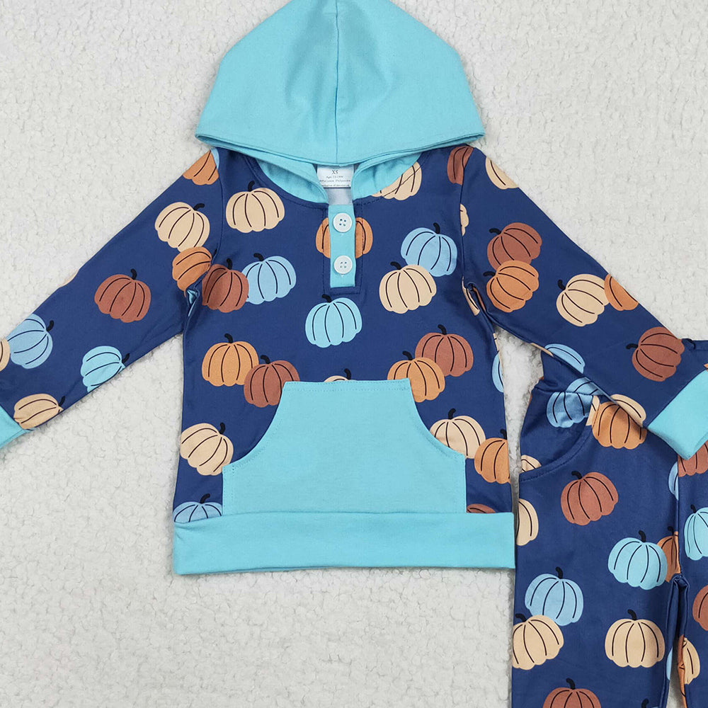 RTS NO MOQ （In stock）BLP1154 Baby Boys Winter Outfits Baby Boys Colorful Pumpkins Pocket Button Hoodies Legging Pants Sets