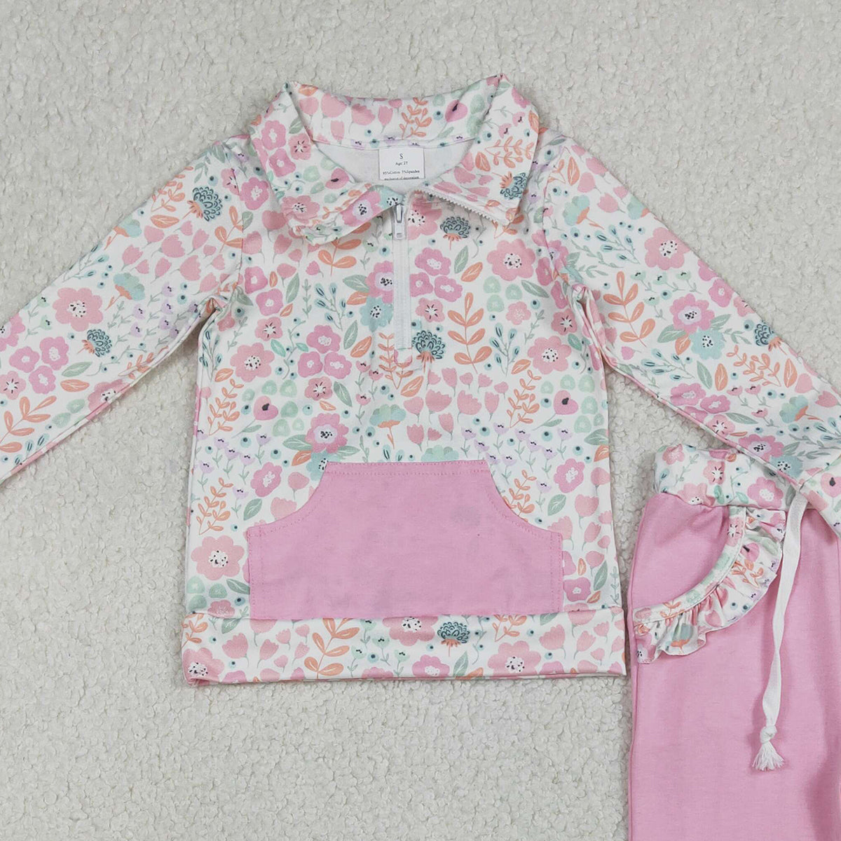 1.13 RTS NO MOQ （In stock）GLP3279 Baby Girls Colorful Flowers Zip Pocket Pullovers Jogger Pants Clothes Sets