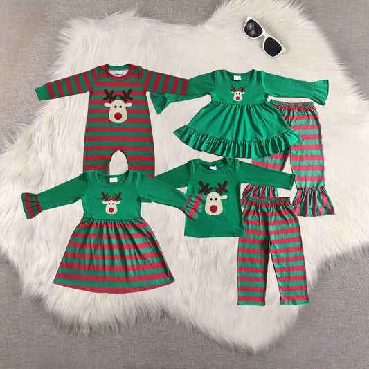 8.21 RTS Sibling Baby Boys Girls Reindeer embroidery tunic stripe pants kids girls Christmas clothes