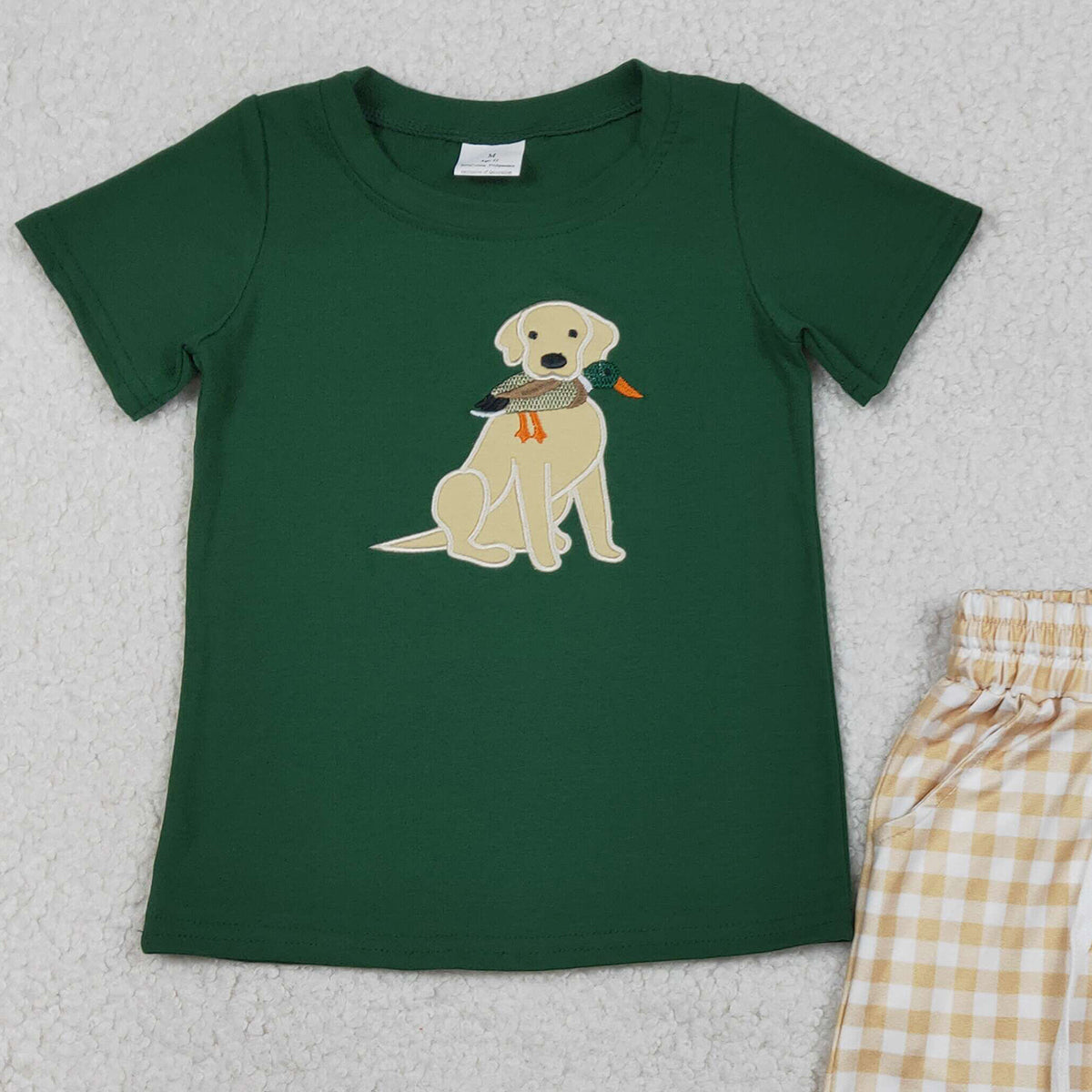 1.22 RTS NO MOQ （In stock）BSSO1636 Embroidery Duck Dogs Baby Boys Top Checked Pockets Shorts Hunting Clothes Sets