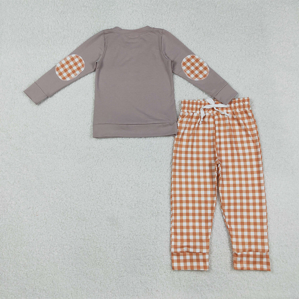 RTS NO MOQ （In stock）BLP1098 Baby Boys Winter Outfits Halloween Ghost And Pumpkins Dog Top with Orange Plaid Pants Outfit