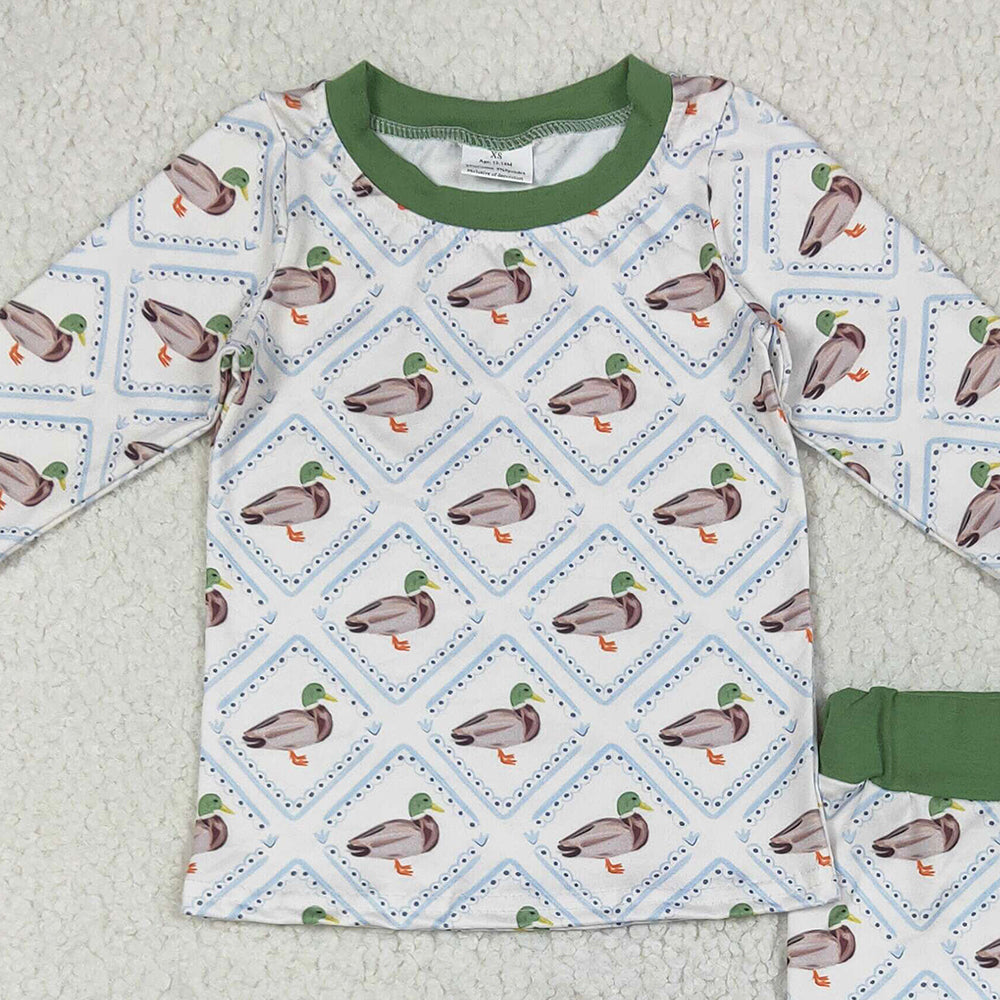 BLP1086RTS NO MOQ Baby Boys Winter Outfits Baby Boys Long Sleeves Green Ducks Plaid Top Pant Pajamas Set