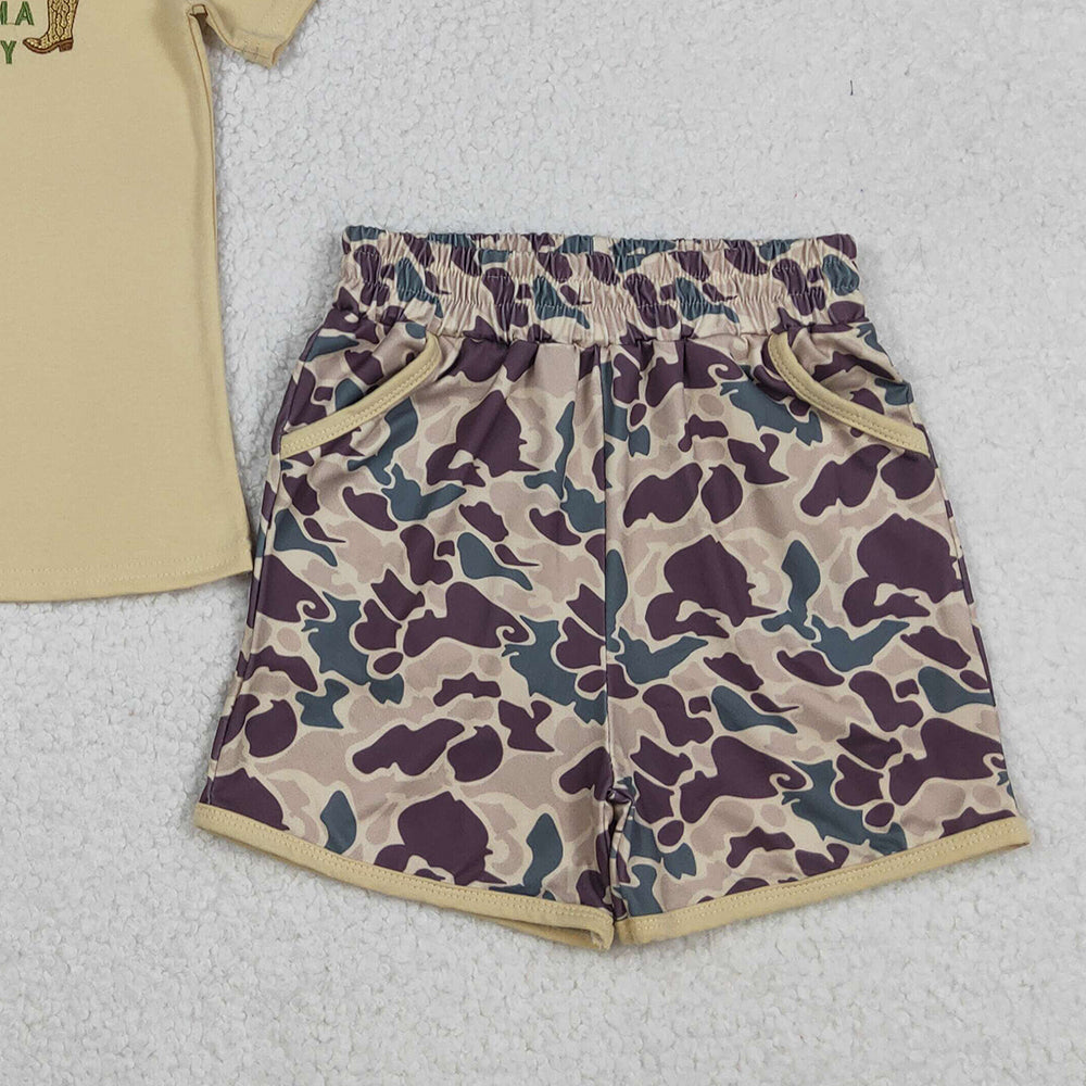 12.10 RTS NO MOQ （In stock）BSSO1577 Embroidery Country Boy Boots Top Camo Pockets Shorts Western Clothes Sets