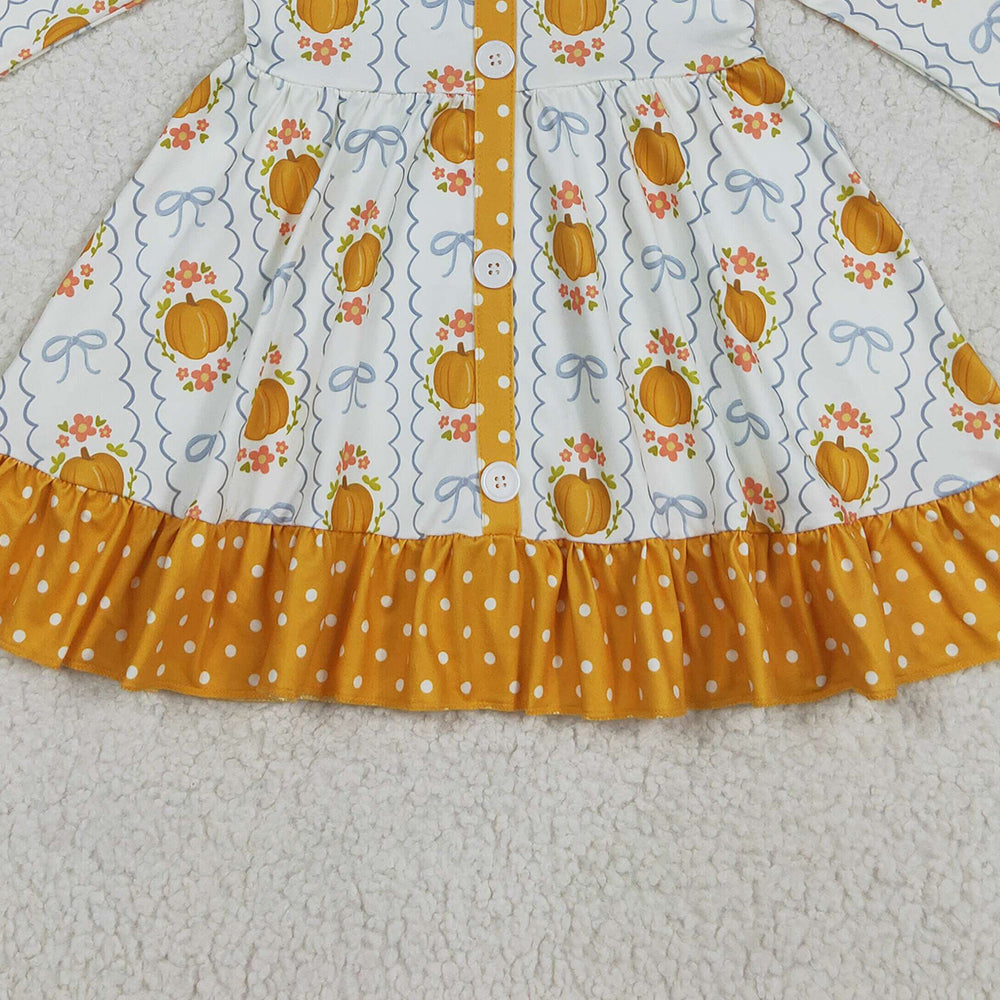 RTS NO MOQ （In stock）GLD1111 Baby Girls Winter Dress Baby Girls Long Sleeves Pumpkins Bows Plaid Button Ruffle Knee Length Dresses