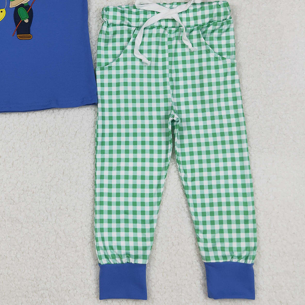 RTS NO MOQ （In stock）BSPO0506 Baby Boys Autumn Outfits Blue Plaid Short Sleeve Fishing Top And Pants Boys Clothing Set