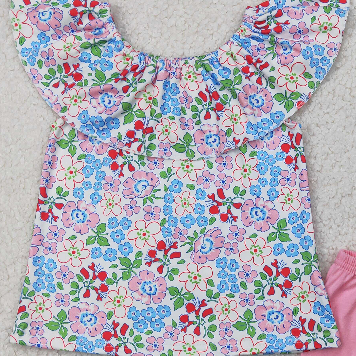 4.11 GSSO2277RTS NO MOQ Baby Girls Summer Outfits Floral ruffle top pink cotton shorts girls summer outfits