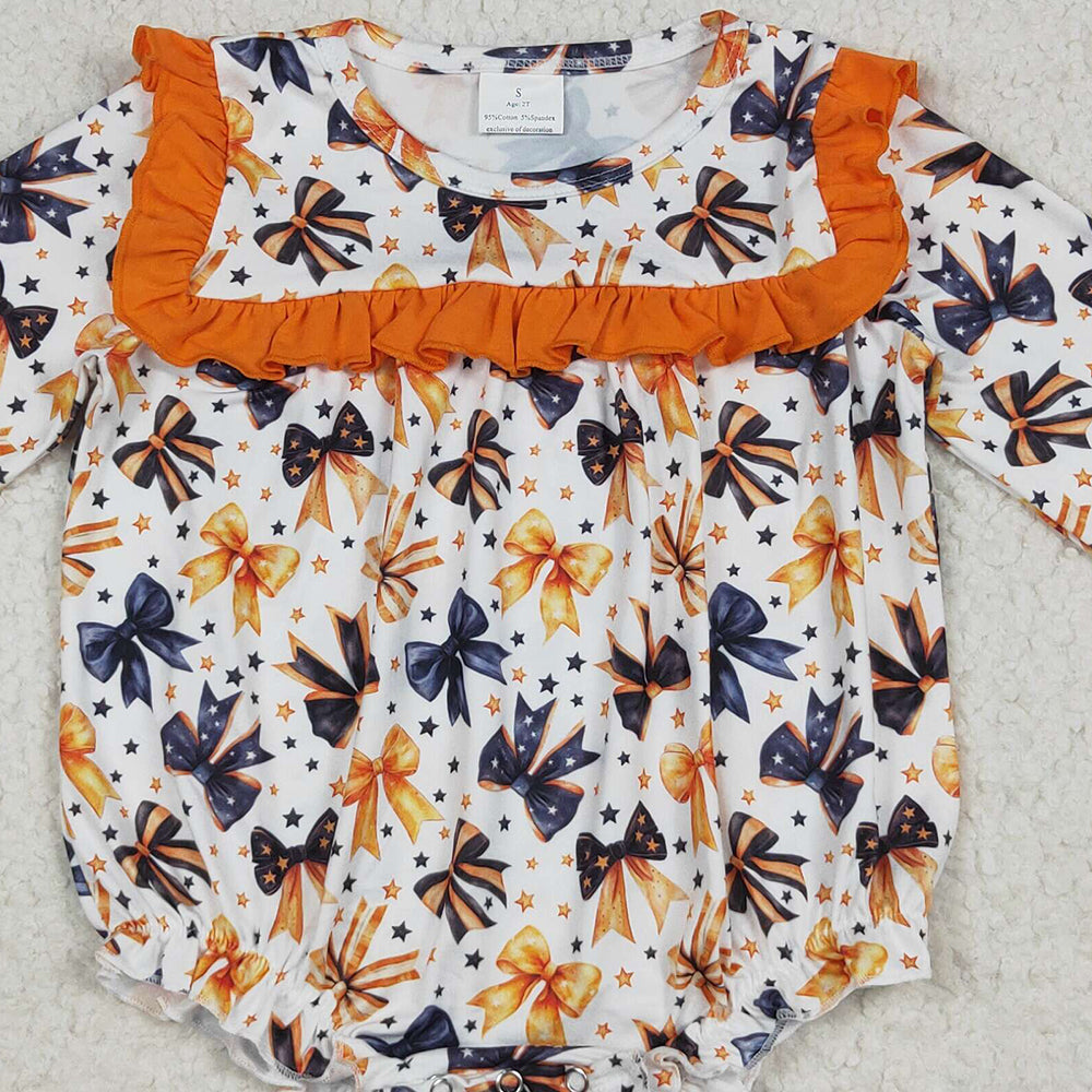 RTS NO MOQ （In stock）LR2207 Baby Girls Winter Rompers Baby Girls Halloween Colorful Bows Stars Ruffle Rompers