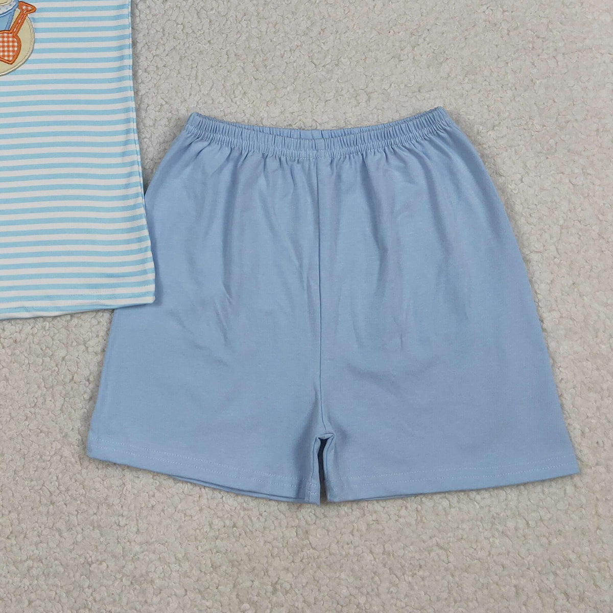 4.7 BSSO1834 RTS NO MOQ （In stock ）Embroidery Beach Baby Boys Blue Stripe Top Shorts Clothes