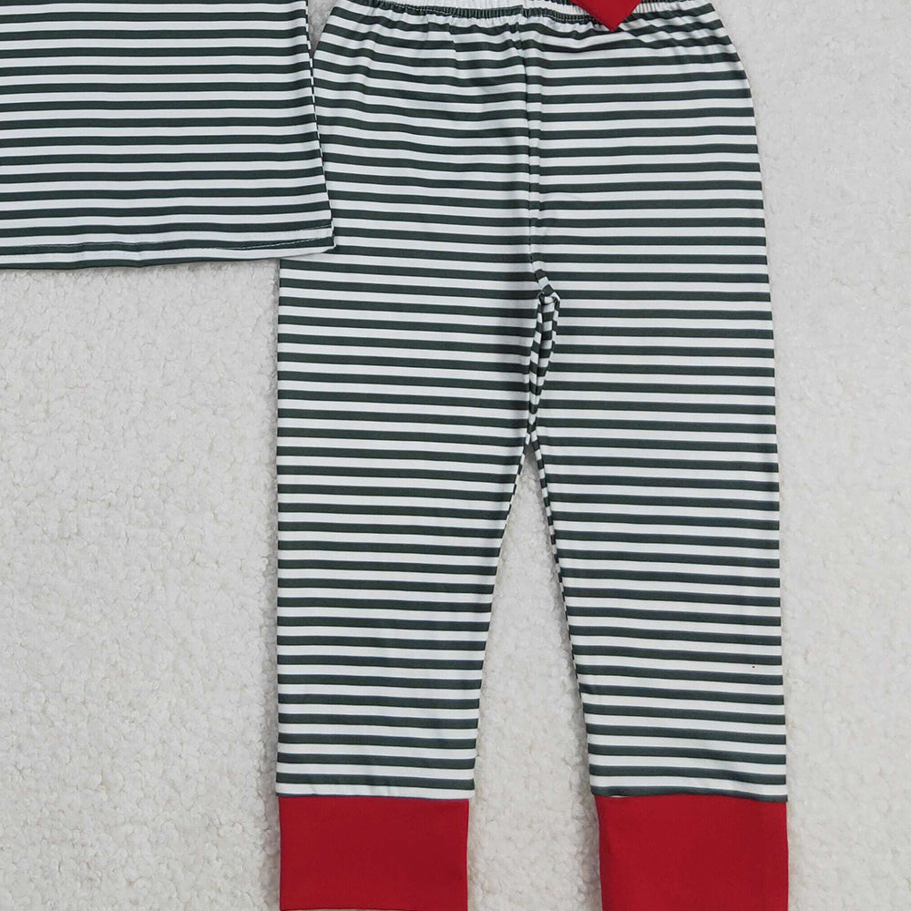 RTS NO MOQ （In stock）BLP1126 Baby Boys Winter Outfits Christmas Green Stripe Santa Pajamas Set Top And Pants Outfit for Holiday Celebrations
