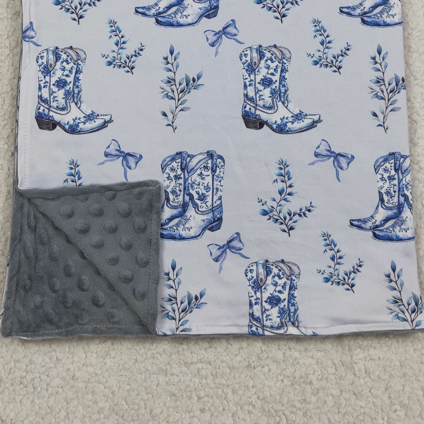 BL0229 RTS NO MOQ （In stock）Baby Kids Blue Boots Bows Western Blankets