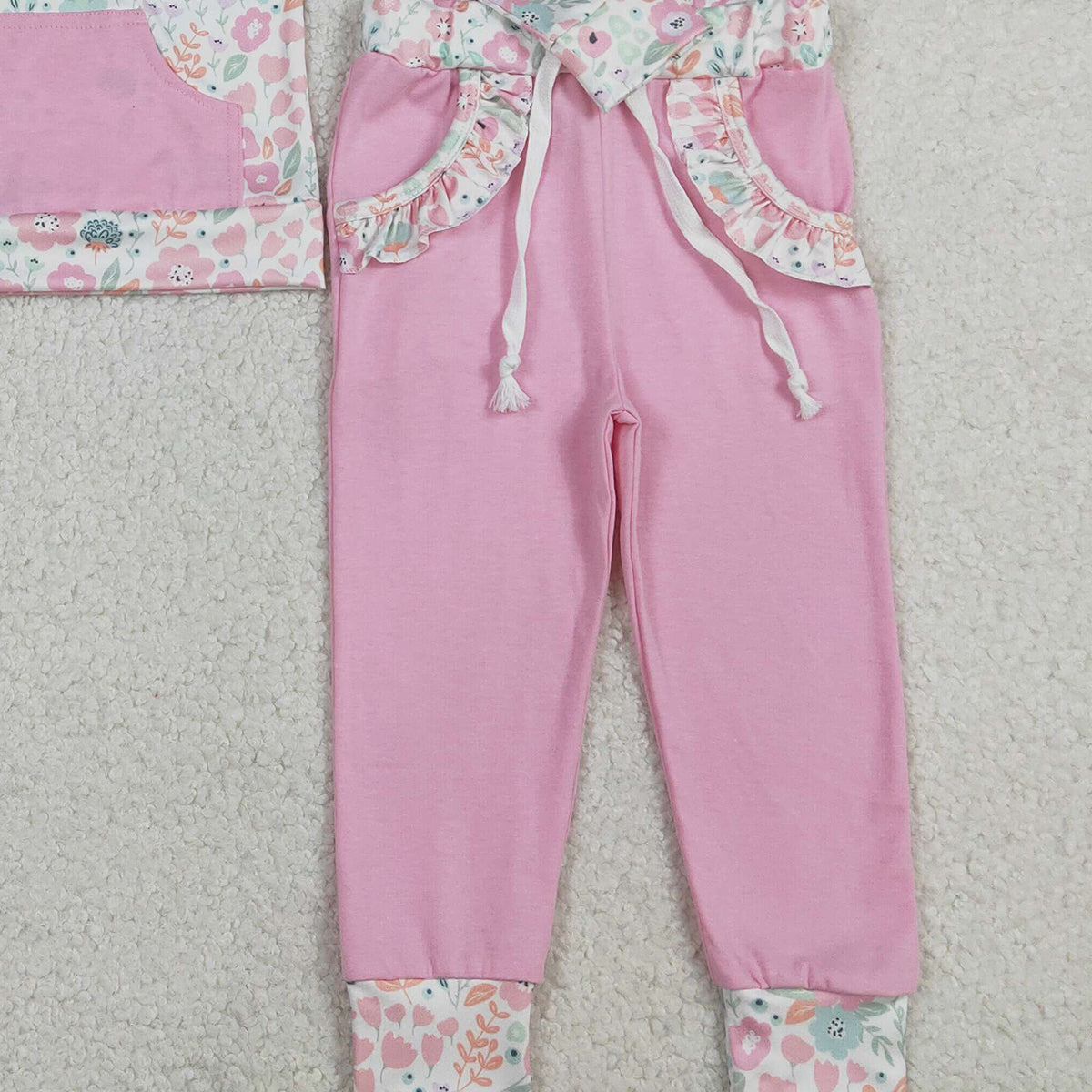 1.13 RTS NO MOQ （In stock）GLP3279 Baby Girls Colorful Flowers Zip Pocket Pullovers Jogger Pants Clothes Sets
