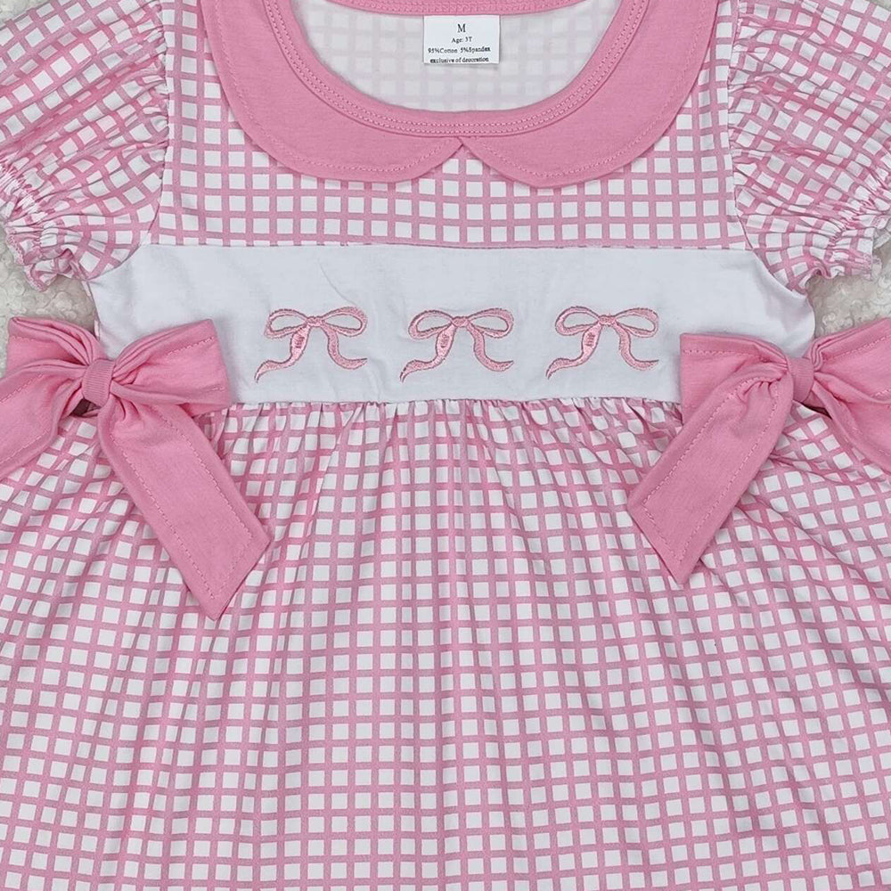 GSSO1879Girls Pink Plaid Bow Tunic Ruffle Shorts Set - Cute Preppy Outfit for Ages 2-12