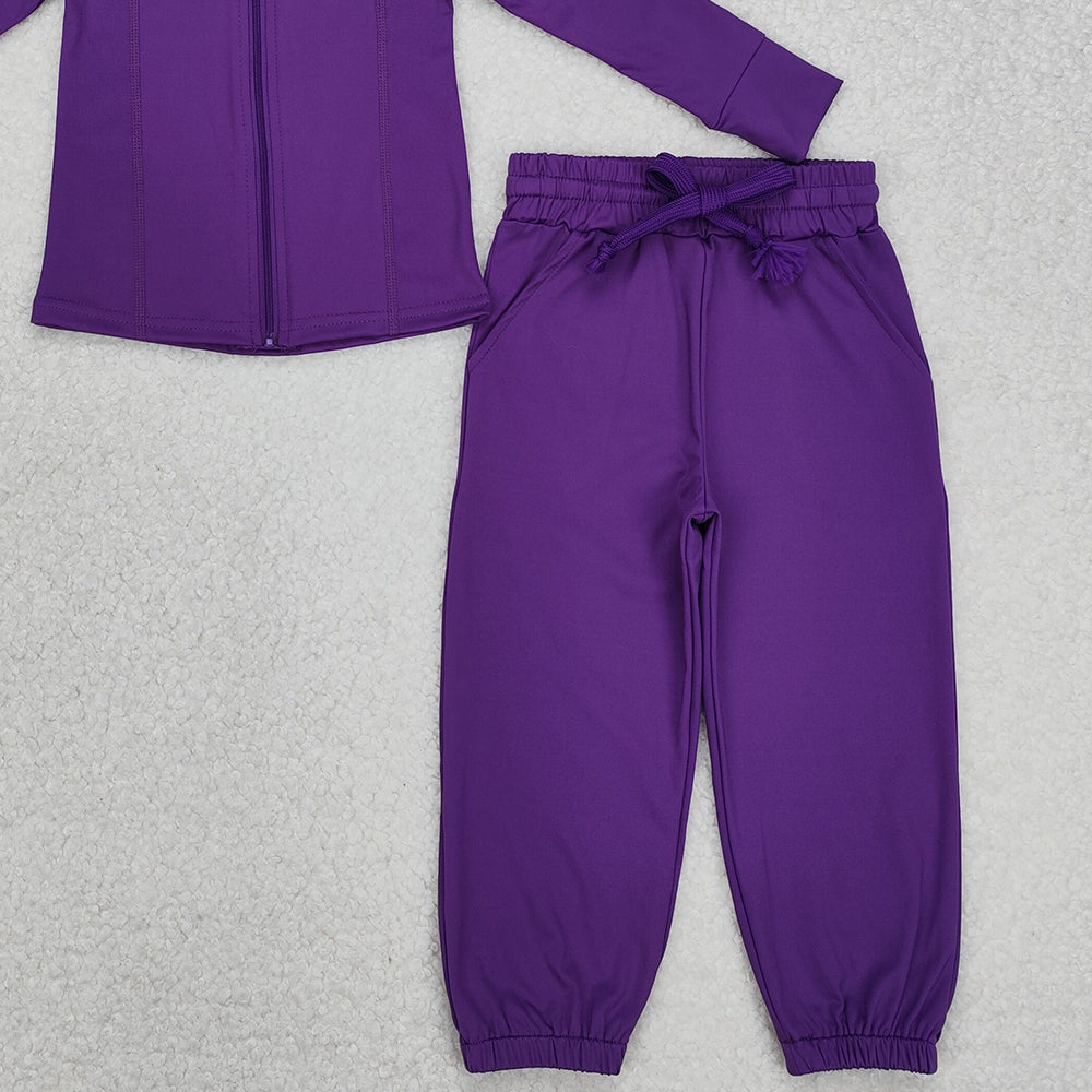 GT0807+P0670 New Rts No Moq 8-9 Days By Air Arrived it Girls Purple Hooded Zipper Long Sleeve Yoga Top with Matching Pants Set Comfortable Sportswear for Kids