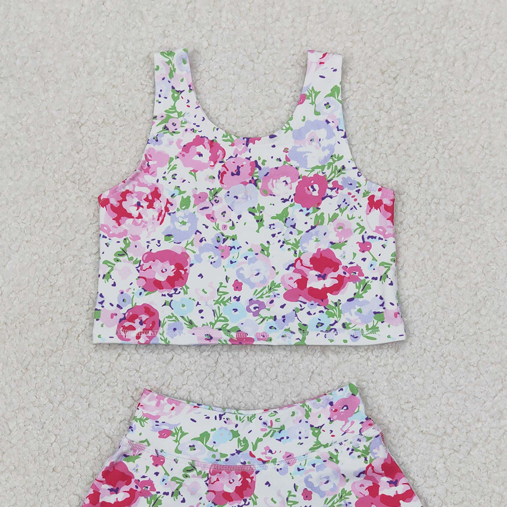 GSD1989  RTS NO MOQ Baby Girls Summer Yoga Outfits Sleeveless floral top skirt girls activewear clothing set