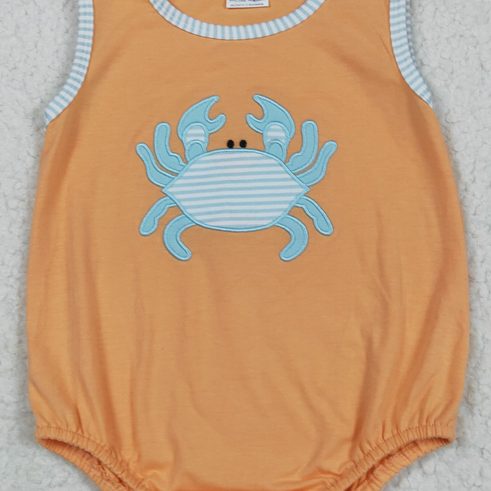 6.19 SR3058RTS NO MOQ Baby Boys Summer Rompers Embroidery Baby Boys Sleeveless Crab Rompers